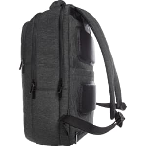 A grey backpack with dual zippers, padded straps, and sleek side pockets. It features branding on the surface.