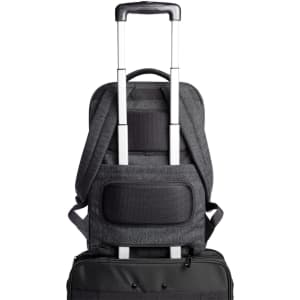 A grey laptop backpack with adjustable straps, featuring a trolley handle and a mesh pocket on the back.