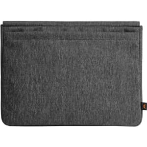 A dark grey laptop bag with multiple compartments and a logo on the side.
