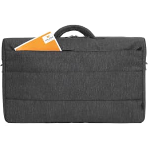 A grey duffle bag with a handle and an orange folder peeking out from a front pocket. The bag has a logo.