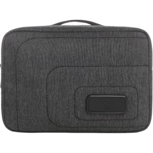 A grey toiletry bag with a textured finish and a logo on the front, featuring a zip closure and a handle.