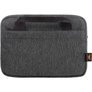 A zippered toiletry bag in grey fabric with a black handle and a branding tag.
