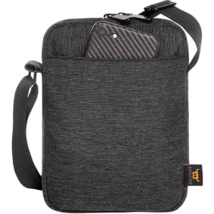 A grey crossbody bag with an adjustable strap and a front pocket containing a phone. It has a logo on the side.