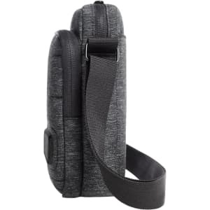 A grey crossbody bag with a shoulder strap and zipper closure, featuring a textured design and a logo.
