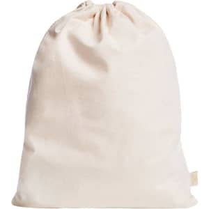 A cream-coloured reusable produce bag with a drawstring closure and a small tag at the bottom.