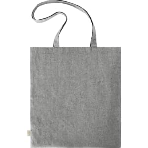 A grey reusable grocery bag with two shoulder straps and a simple design. It features a small logo.