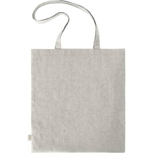 A grey reusable grocery bag with two handles and a simple design. It features a logo on the side.