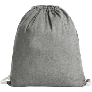 A grey drawstring bag with a cinched top and tassel accents. It features a logo on the side.