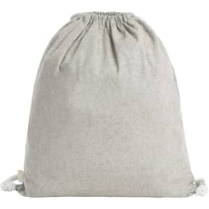 A light grey drawstring bag with a gathered top and ties, featuring a small logo on the side.
