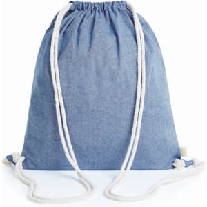 A blue drawstring bag with white cords and a small logo tag.