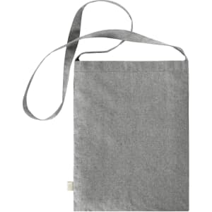 A grey tote bag with a long shoulder strap and a simple design, featuring a small logo.