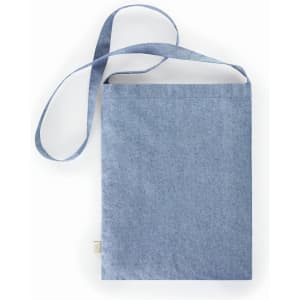 A blue tote bag with a long strap and a simple design, featuring a small logo on the side.