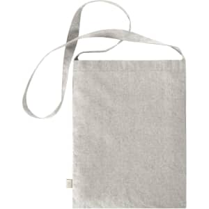 A light grey tote bag with a long strap and a simple design. It features a logo but no other text.