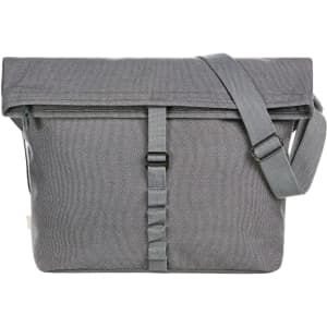 A grey satchel bag with a fold-over top, adjustable strap, and a buckle closure. It features a logo.