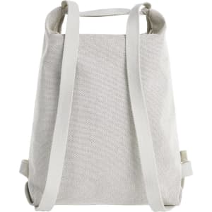 A cream-coloured backpack with dual straps and a simple, textured design. It features a logo on the front.