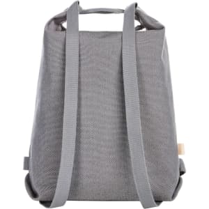 A grey multi-layer bag with two carry straps and a textured fabric. Features a branding logo.