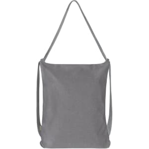 A grey multi bag with a single long strap, featuring a simple design and a logo.