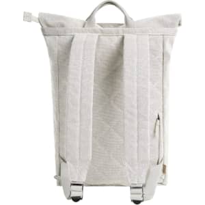 A light grey backpack with quilted texture, featuring adjustable straps and a side zip pocket.