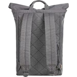 A grey quilted backpack featuring adjustable straps and a top handle, with a logo on the front.