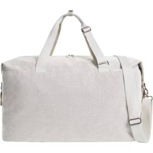 A light grey duffle bag with a shoulder strap and two handles, featuring a logo on the side.