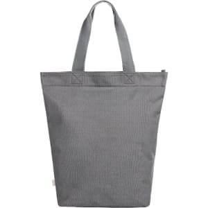 A grey tote bag with two handles and a simple design. The bag features a logo on the side.
