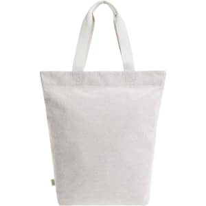 A tote bag in a light grey colour with white handles, featuring a branding logo.