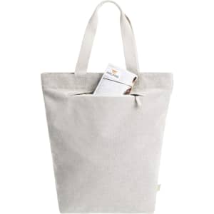 A light grey tote bag with a top handle and a front pocket, featuring a logo.
