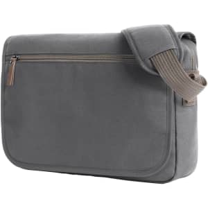 A grey shoulder bag with a zippered front pocket and a sturdy strap. It has a simple design and a logo.