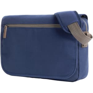 A navy shoulder bag with a zippered front pocket and a strap, featuring a simple design and a branding logo.