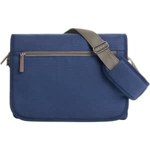 A navy blue satchel bag with a front zipper pocket and an adjustable shoulder strap. It has a branding logo.