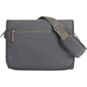 A grey satchel bag with a shoulder strap and a zippered pocket at the back, featuring a logo.