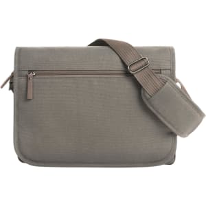 A shoulder bag in a muted grey colour with an adjustable strap and a zippered front pocket.
