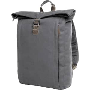 A grey backpack with a roll-top design, featuring a clasp closure and adjustable straps, has a logo on it.