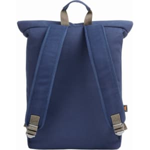 A navy blue backpack featuring adjustable straps and a top handle. It has a logo on the front.
