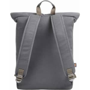 A grey backpack with adjustable straps and a top handle, featuring a logo on the front.