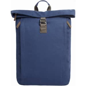 A blue backpack with a roll-top design, featuring a buckle closure and two side zippers. It has a logo.