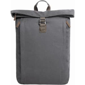 A grey backpack featuring a roll-top design and a metal buckle closure, with side stitching details.