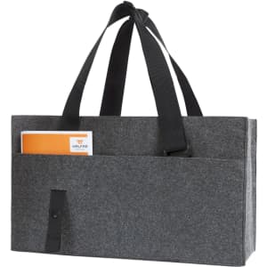 A grey felt organiser bag with two black handles and an external pocket, featuring a logo on the front.