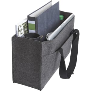 A grey organiser bag with a shoulder strap, containing a notebook, folder, drink bottle, and other items.