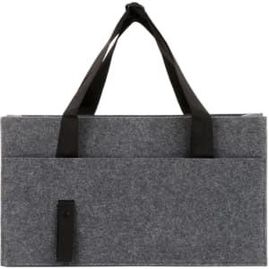 A grey felt organizer bag with black straps and a front pocket, featuring a logo.