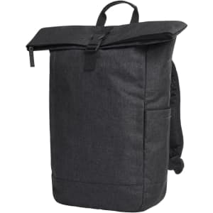 A dark grey Circle Backpack featuring a roll-top closure and side pocket, designed for carrying laptops.