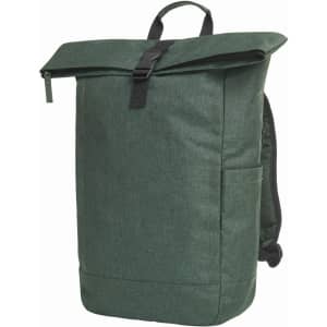 A green Circle Backpack with a roll-top closure and a side pocket, featuring a logo on the front.