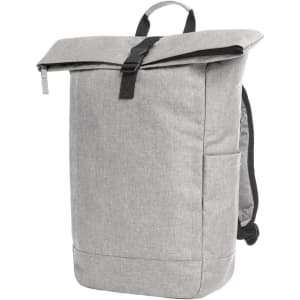 A grey Circle Backpack with a roll-top closure, adjustable straps, and a side pocket. It features a logo.