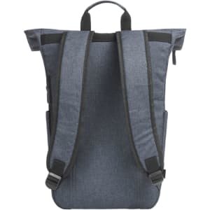 A dark blue backpack with black straps and a top handle, featuring a logo on the front.