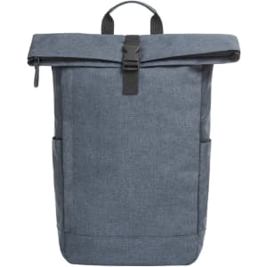 A blue circle backpack with a roll-top design and side pockets. It features a sturdy strap and has a brand logo.
