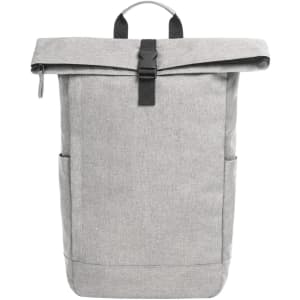 A grey Circle Backpack with a roll-top design, featuring side pockets and a logo.