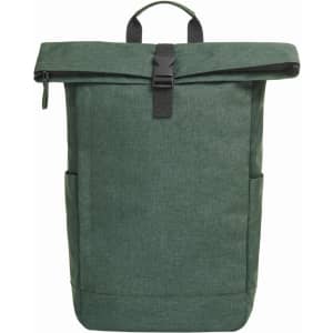 A green Circle Backpack with a roll-top closure and side pockets. The backpack features a logo on the front.
