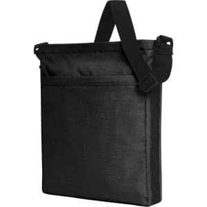 A black shoulder bag with an adjustable strap and a front pocket, featuring a logo.