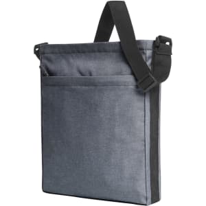 A grey shoulder bag with a single adjustable strap and a front pocket, featuring a logo.