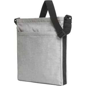 A grey shoulder bag with a black accent and an adjustable strap, featuring a front pocket and logo.